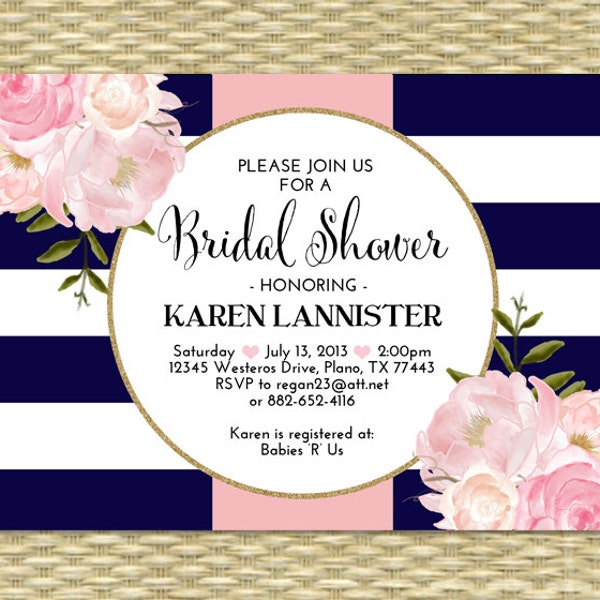 Bridal Shower Invitation Navy Blue Pink Gold Glitter Stripes Floral Peonies Bridal Brunch Bridal Tea Any Event