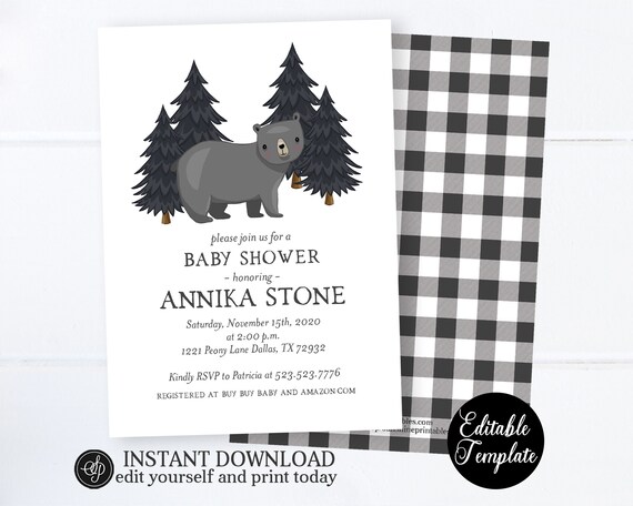 EDITABLE Woodland Bear Baby Shower Invitation, Bear Cub Baby Shower Invite, Little Cub on the Way, Forest Baby Shower, Printable, SP0066 Il_570xn