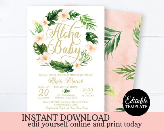 Aloha Baby Girl Shower Invitation, Printable Editable Template, Pink Tropical Floral Baby Shower Invite, SP0023 Il_570xn