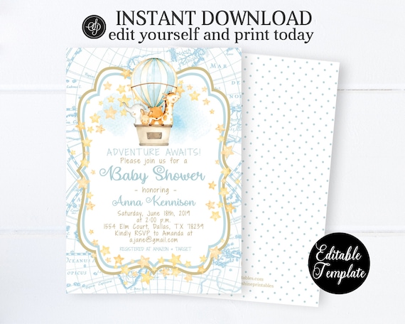 Printable Boy Baby Shower Invitation, Hot Air Balloon Baby Shower Invite, EDITABLE TEMPLATE, SP0035 Il_570xn