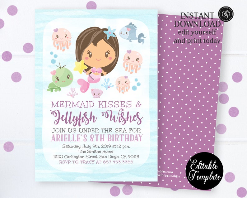 Mermaid Party Invitation, Under the Sea Mermaid Birthday Invitation, Printable Mermaid Invitation, EDITABLE TEMPLATE, SP0049 image 1