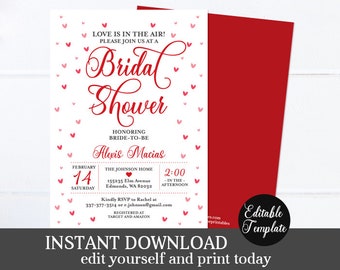 Love is in the Air Sweetheart Bridal Shower Red and Pink Hearts Bridal Shower Invite Printable Invitation Template Editable Templett SP0031