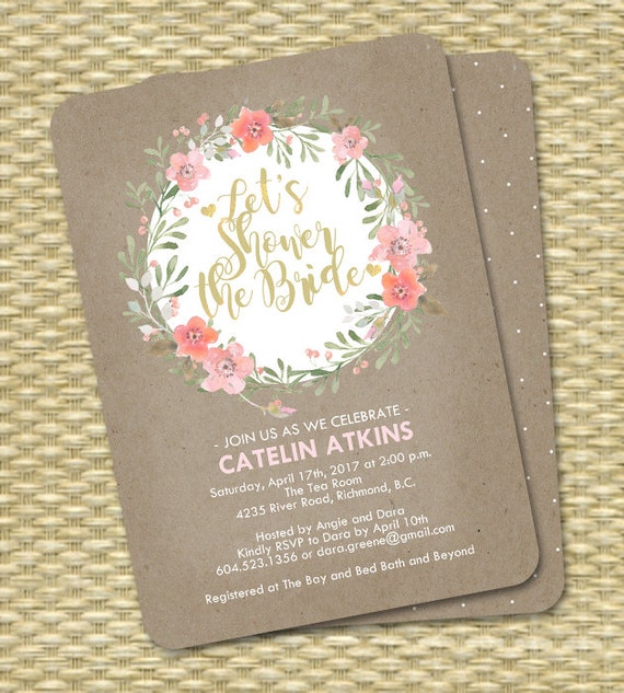 Rustic Kraft Floral Bridal Shower Invitation Printable Bridal Shower Invite Let's Shower the