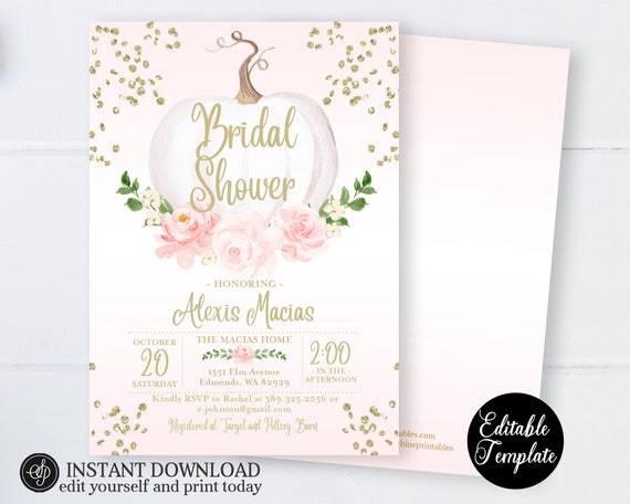 PRINTABLE Fall Bridal Shower Invitation, Pumpkin Floral Pink and Gold Bridal Shower Invite, EDITABLE, Templett, SP0056B Il_570xn