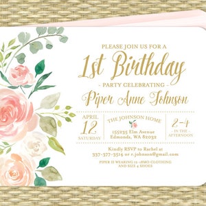 Pink and Gold Floral First Birthday Invitation Girl 1st Birthday Invite Blush Pink Floral Birthday Invitation 2nd Birthday ANY EVENT image 1