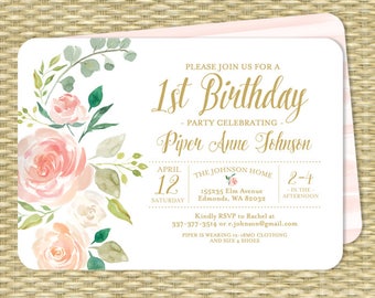 Pink and Gold Floral First Birthday Invitation Girl 1st Birthday Invite Blush Pink Floral Birthday Invitation 2nd Birthday ANY EVENT