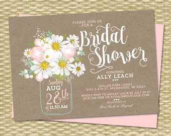 Bridal Shower Invitation Kraft Mason Jar Daisies Blush Pink Mint Green Bridal Brunch Bridal Tea ANY EVENT