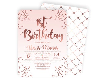 Pink and Rose Gold First Birthday Invitation Girl 1st Birthday Invite Blush Pink and Rose Gold Glitter Confetti Girl Birthday Invite ANY AGE