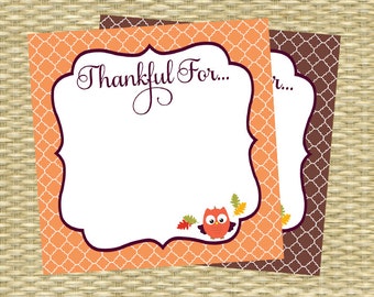 Thanksgiving Dinner Party Printables - Thankful For Cards - 4x4 Printable, DIY - Instant Download, Fall, Brown, Pumpkin, Orange, Autumn