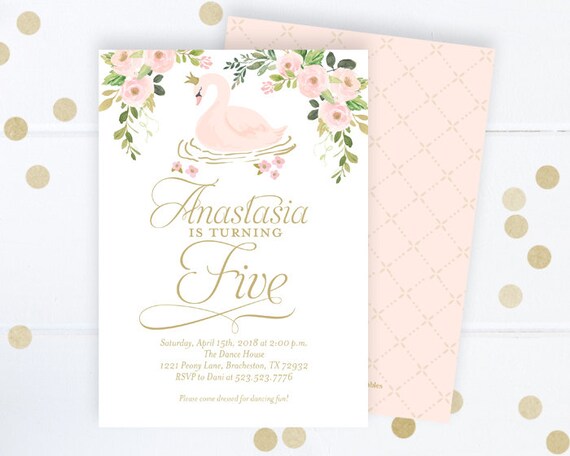 Swan Princess Birthday Invitation, Swan Invitation, Swan Birthday Invitation, Pink and Gold Birthday Invite Girl, First 1st Birthday Invite Il_570xn