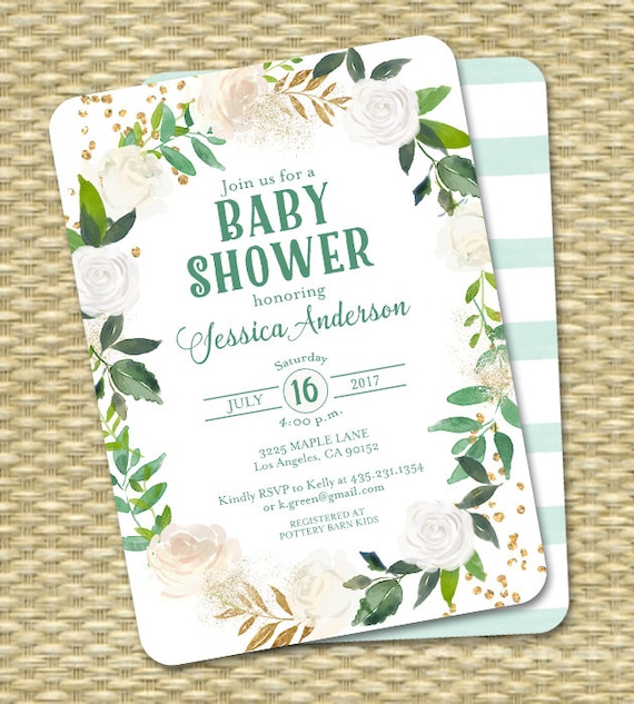 neutral baby shower invitation gender neutral invite green white gold cream  gold glitter white roses floral sip and see any event