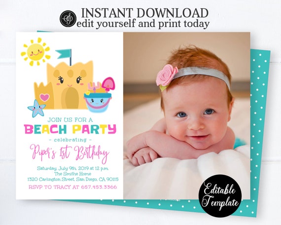 1st Birthday Beach Party Invitation, Summer Birthday Invitation with Photo, Printable Beach Summer Party Invite, Instant Download SP0040 Il_570xn