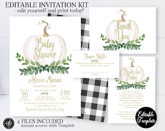 Fall Greenery Pumpkin Baby Shower Invitation KIT, Printable Baby Shower Invite Bundle, Gender Neutral, EDITABLE, Instant Download, SP0056A