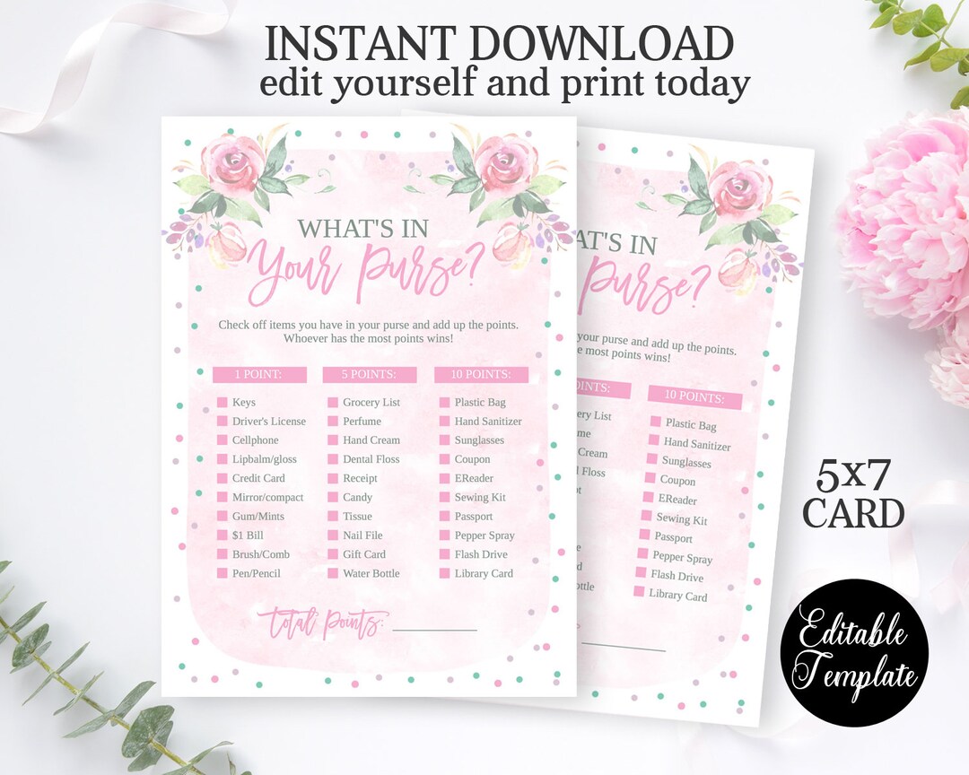 Printable Baby Shower What's in Your Purse Game, Pink Floral Baby Girl ...