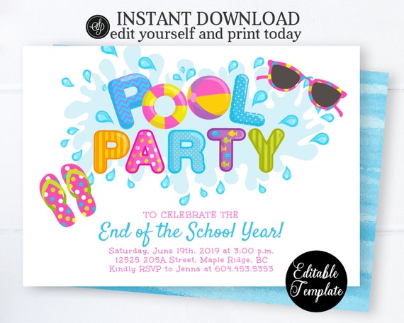 Pool Party Invitation, End of School Summer Pool Party Invite, Pool Invitation, Editable Invitation, Templett, Instant Access SP0039 Il_570xn
