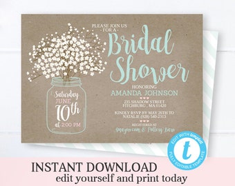 Mason Jar Bridal Shower Invitation Template INSTANT DOWNLOAD | Etsy