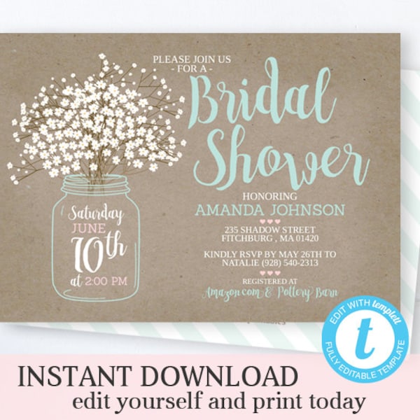 Bridal Shower Invitation, INSTANT DOWNLOAD, Editable with Templett, Rustic Bridal Shower Invite, Mason Jar Bridal Shower, Babies Breath