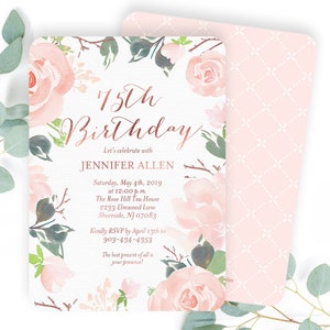 75th Birthday Invitation, Floral Birthday Invitation, Adult Birthday Invitation, Blush Pink and Rose Gold Birthday Invite, Floral Invitation