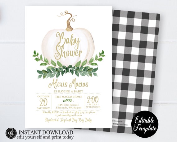 EDITABLE Greenery Pumpkin Baby Shower Invitation, Fall Baby Shower Invite, Gender Neutral, Printable Invitation, Templett, SP0056A Il_570xn