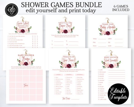 Rose Gold Floral White Pumpkin Baby Shower 6 Game Bundle, Printable Fall Baby Girl Shower Games Kit, EDITABLE TEMPLATES, SP0056C Il_570xn