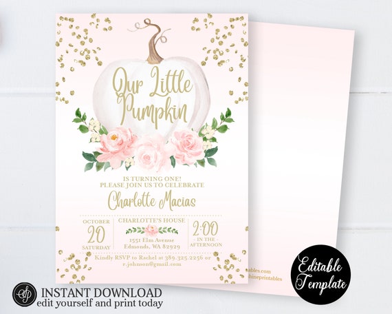 Pink Floral White Pumpkin 1st Birthday Invitation, Fall First Birthday Invitation for Girl, Floral Pumpkin, EDITABLE TEMPLATE, SP0056B Il_570xn
