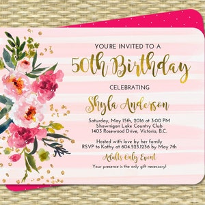 Bridal Shower Invitation, Pink and Gold Glitter, Watercolor Peonies, Bridal Brunch Invite, Printable or PRINTED Invitations image 2