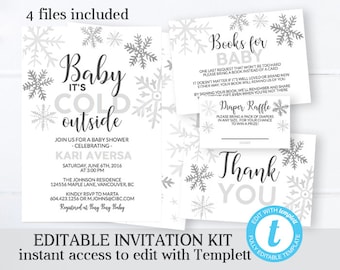 Baby Its Cold Outside Invitation KIT Gender Neutral Winter Baby Shower Invitation KIT Snowflake Invitation Instant Download Templett Invite