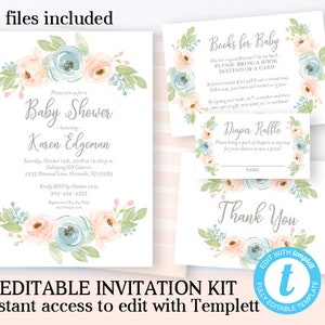 Pastel Floral Baby Shower Invitation KIT Printable Invitation Template Instant Download Editable Baby Girl Shower Invitation Printable image 1