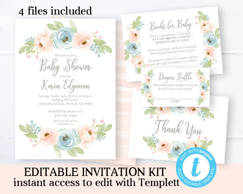 Pastel Floral Baby Shower Invitation KIT Printable Invitation Template Instant Download Editable Baby Girl Shower Invitation Printable image 1