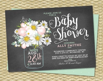 Gender Neutral Chalkboard Baby Shower Invitation Daisy Mason Jar Blush Pink Mint Green ANY EVENT