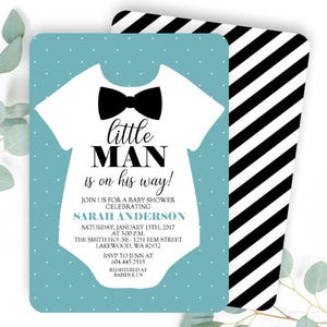 Bow Tie Baby Shower Invite Little Man Baby Shower Invitation Little Man Invitation Baby Boy Bow Tie Invitation Black and Aqua ANY EVENT image 1