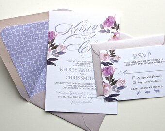 Purple Floral Wedding Invitations, Printed Wedding Invitations, Calligraphy Wedding Invitations, with RSVP Insert, Lavender and Pink