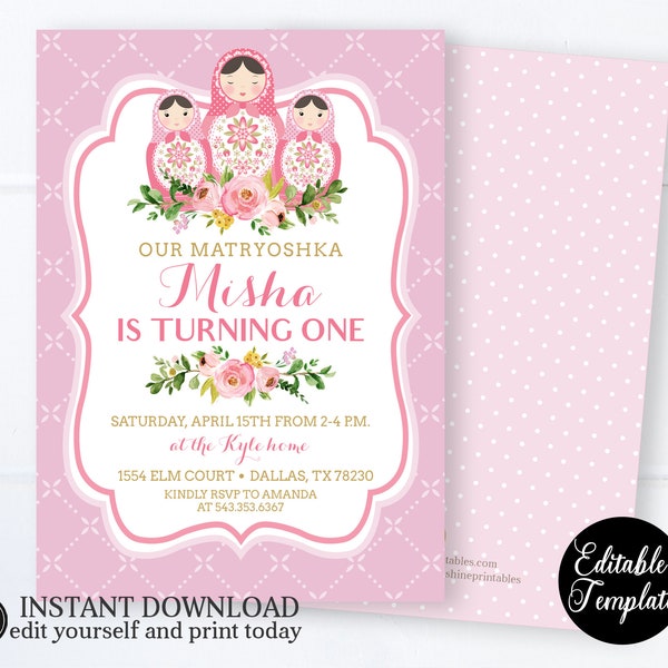 Matryoshka Invitation PRINTABLE INSTANT DOWNLOAD, Girl 1st Birthday Party Invitation, Russian Doll Editable Template, SP0077