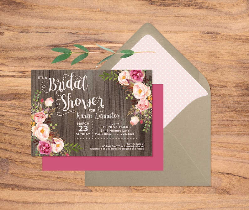 Bridal Shower Invitation Rustic Watercolor Dark Wood Roses image 1