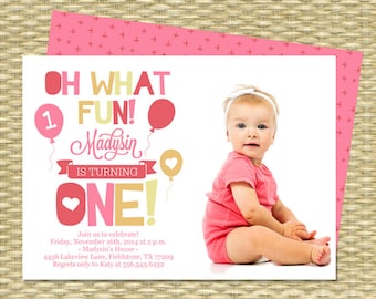 First Birthday Invitation - Oh What Fun, Turning One! - Printable - ANY COLOR SCHEME - Any Event - Photo