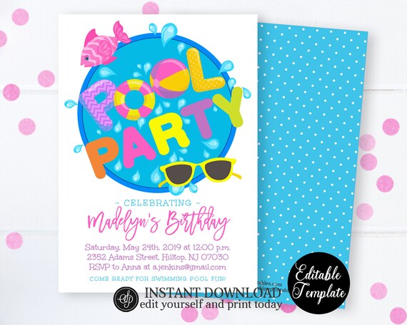 Editable Pool Party Invitation, Swimming Pool Birthday Party, Girl Pool Party, Swimming Birthday, Summer Swimming Party, SP0039 Il_570xn