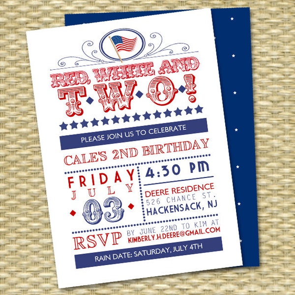 Red White and Two Birthday Invitation July 4th Birthday Red White and Blue Yankee Doodle Baby 4th of July Birthday Invitation