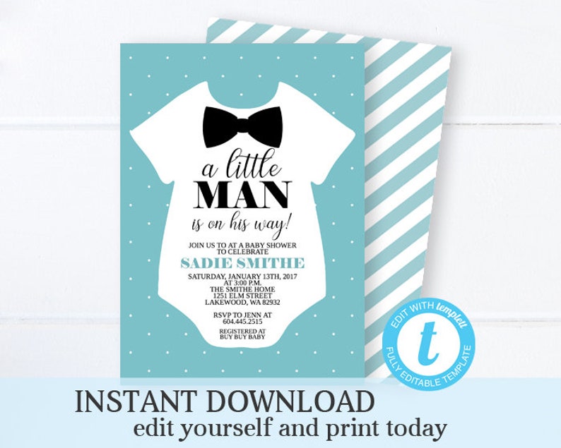 Baby Boy Shower Invitation KIT Little Man Baby Shower Invitation Bow Tie Baby Shower EDITABLE TEMPLATE Printable Invitation Templett image 5