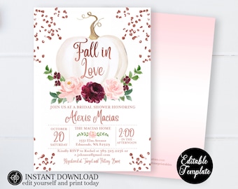 Rose Gold Fall In Love Bridal Shower Invitation, Floral White Pumpkin Bridal Shower Invite, EDITABLE TEMPLATE with Templett, SP0056C