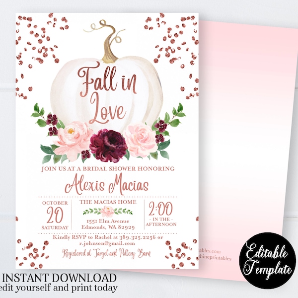 Rose Gold Fall In Love Bridal Shower Invitation, Floral White Pumpkin Bridal Shower Invite, EDITABLE TEMPLATE with Templett, SP0056C