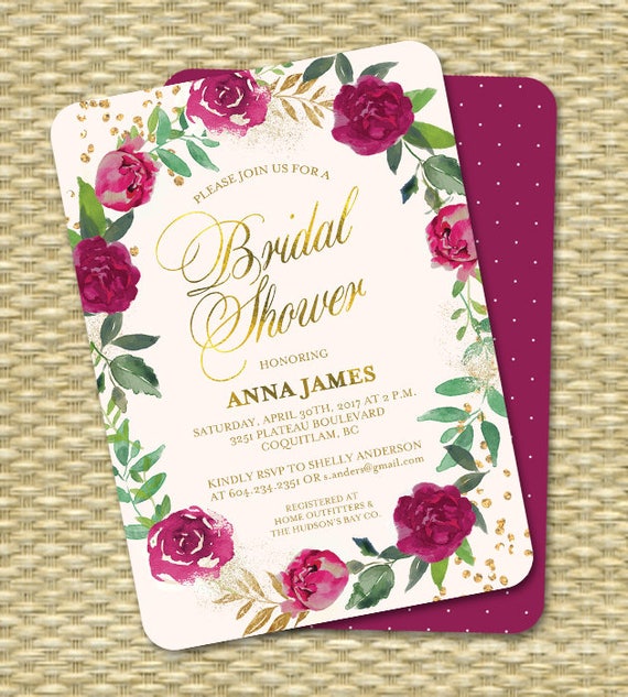 Burgundy and Gold Bridal Shower Invitation Floral Bridal Shower Invite