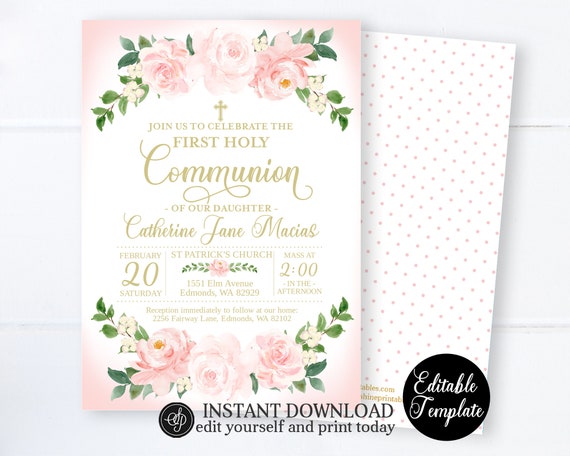 1st Communion Invitation, GIRL First Communion Invitation Template, EDITABLE TEMPLATE, Pink & Gold, Baptism Invitation, SP0058 Il_570xn