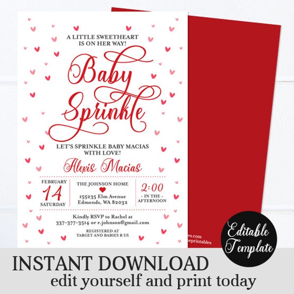 Hearts Baby Sprinkle Invitation Valentine Baby Sprinkle Invite Printable Invitation Editable Template Red Pink Sweetheart Baby SP0031