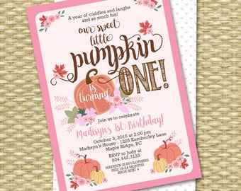 Fall First Birthday Invitation Little Pumpkin Birthday Invitation Floral Pumpkin Invitation Pink Peach Pumpkin 1st Birthday Fall Invitation