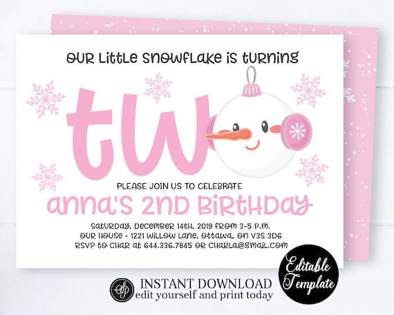 EDITABLE Winter Snowman GIRL Birthday Invitation, Snow Theme Winter Birthday Invite, Printable Invitation Template, Templett, SP0064 Il_570xn