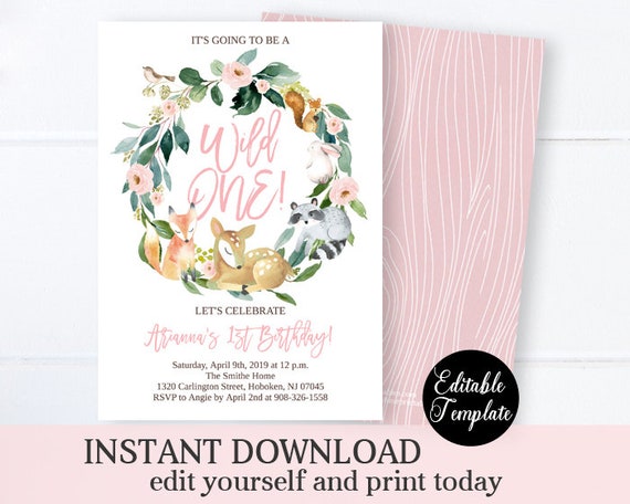 Wild ONE Woodland Animal 1st Birthday Invitation Girl, Floral Greenery Woodland Birthday Invite for Girl, Editable Template with Templett Il_570xn