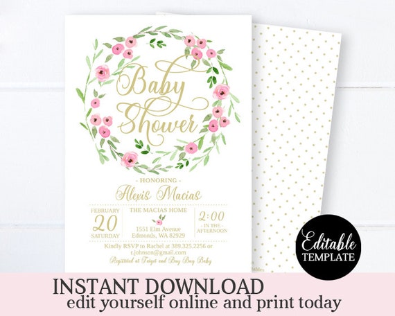 Pink Spring Floral Baby Girl Shower Invitation EDITABLE TEMPLATE Instant Access with Templett Printable Invitation Girl Baby Sprinkle Invite Il_570xn