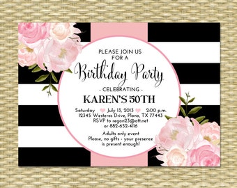 30th Birthday Invitation Black White Stripes Pink Peonies Floral Birthday Invitation 21st 30th 40th 50th 60th 70th 80th, Any Age or Event