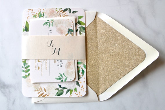 Printed Wedding Invitations, White Roses Floral, Greenery and Gold Glitter, Printed Wedding Invitation Suite, Isla Suite, with RSVP Insert Il_570xn