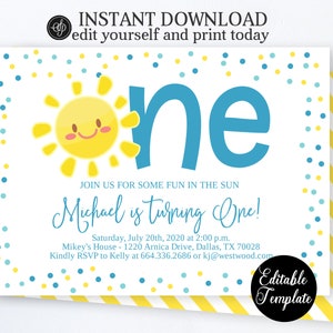 Fun in the Sun Turning ONE Girl 1st Birthday Invitation, Printable Editable Template, Sunshine Birthday Theme, Summer 1st Birthday SP0040 image 2